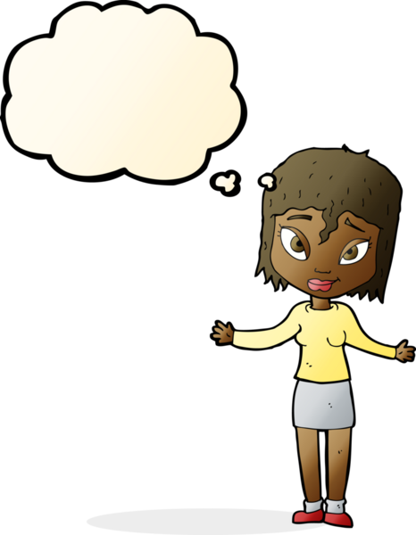 Bir insan tarafından çizilmiş düşünce baloncuğuyla omuz silken çizgi film kadını.