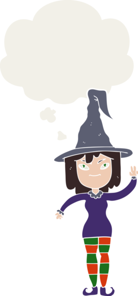 Düşünce baloncuğu olan karikatür cadısı insan tarafından çizilmiş.