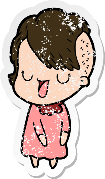 Hipster saç kesimi bir insan tarafından çizilmiş tatlı bir çizgi film kızına ait sıkıntılı bir etiket.