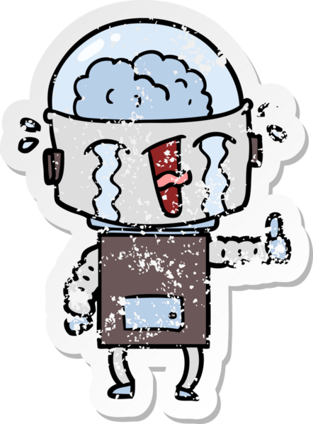 Bir insan tarafından çizilen, ağlayan bir robotun hüzünlü çıkartması.