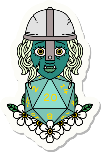 Bir insan tarafından çizilmiş 20 zarlı yarı ork savaşçı karakterinin çıkartması.