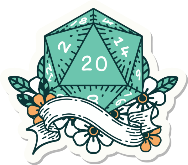 Bir insan tarafından çizilmiş 20 D20 zarının çıkartması.