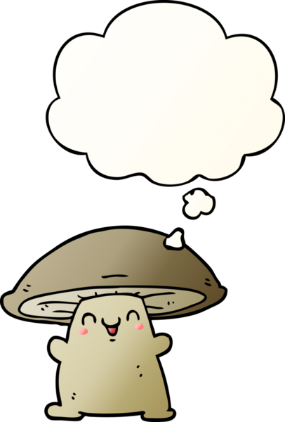 Bir insan tarafından çizilmiş yumuşak eğimli düşünce baloncuklu mantar karakteri.