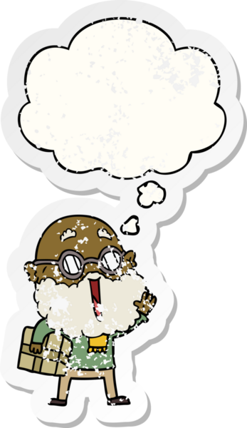 Komik sakallı ve kolunun altında düşünce baloncuğu olan neşeli çizgi film adamı bir insan tarafından çizilmiş yıpranmış bir çıkartma gibi.