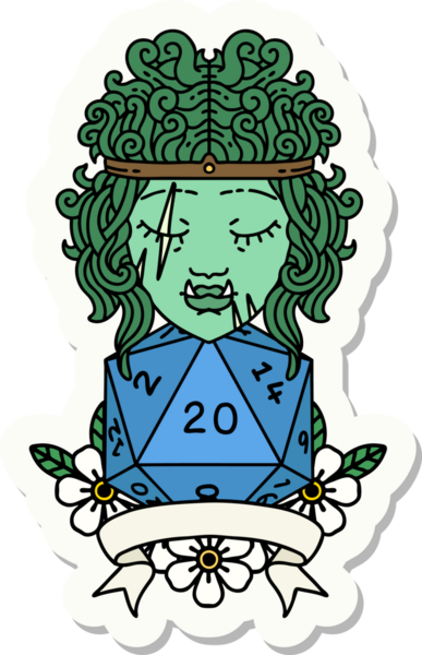 Bir insan tarafından çizilmiş doğal 20 zarlı yarı ork barbar bir karakterin çıkartması.