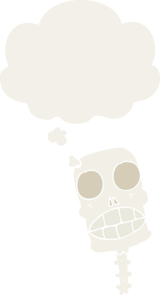 Düşünce baloncuğu olan, bir insan tarafından çizilmiş garip bir kafatası.