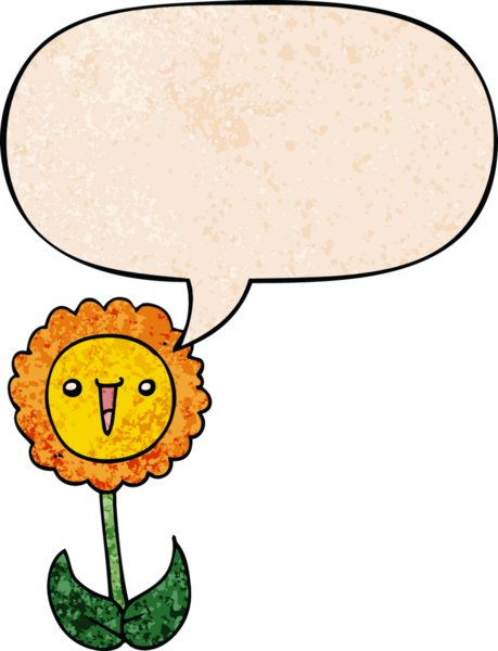 Konuşma baloncuğu olan karikatür çiçeği insan tarafından çizilmiş eski moda dokular.