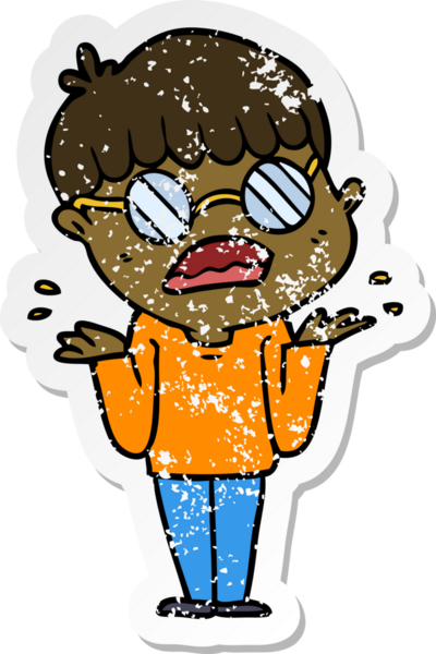 Bir insan tarafından çizilmiş gözlük takan kafası karışmış bir çizgi film karakterinin sıkıntılı çıkartması.