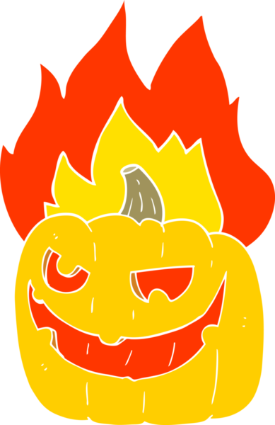 Bir insan tarafından çizilmiş alevli Cadılar Bayramı balkabağının düz renk çizimi