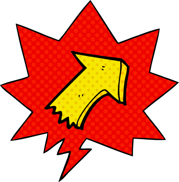 Bir insan tarafından çizilmiş çizgi roman tarzında konuşma balonlu bir ok gösteren çizgi film.