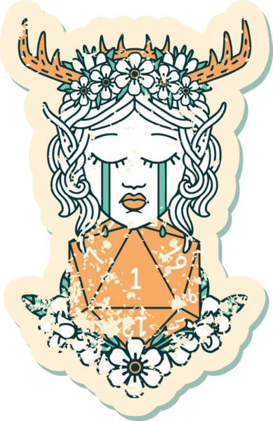 Retro Dövme Tarzı Ağlayan Elf Druid karakteri suratı Bir insan tarafından çizilmiş doğal bir D20 ruloyla