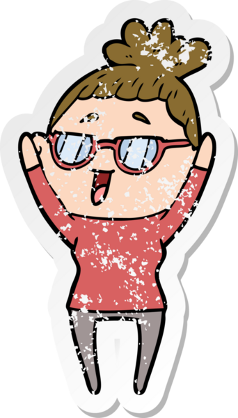 Bir insan tarafından çizilmiş gözlük takan mutlu bir kadının sıkıntılı çıkartması.