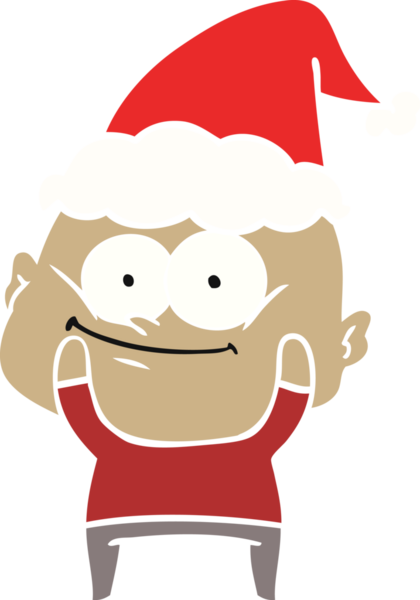 Bir insan tarafından çizilmiş Noel Baba şapkası giymiş kel bir adamın el çizimi düz bir çizim.