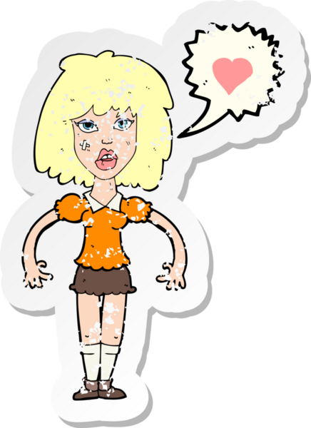 Bir insan tarafından çizilmiş sert bir kadının retro sıkıntılı çıkartması.