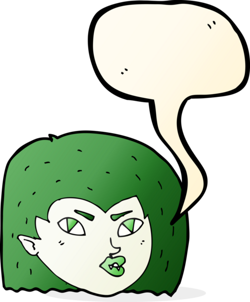 Bir insan tarafından çizilmiş konuşma balonlu vampir yüzü.