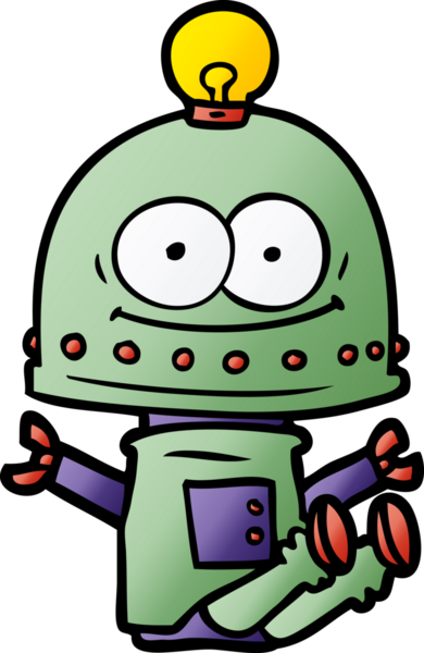 Bir insan tarafından çizilmiş ampullü mutlu karton robot.