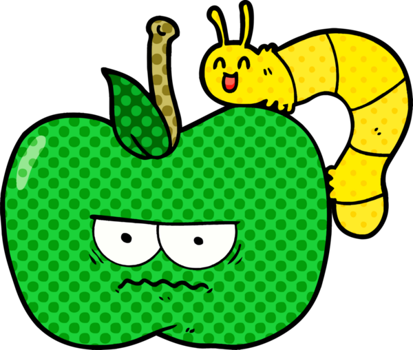 Bir insan tarafından çizilmiş huysuz elma ve tırtıl çizgi filmi.