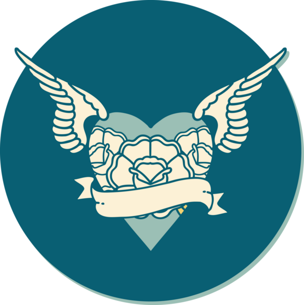 Geleneksel kalp stili dövme çıkartması. Kanatları, çiçekleri ve insan sancağıyla çizilmiş.