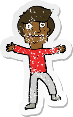 Bir insan tarafından çizilen paniğe kapılan çizgi film karakterinin gerilimli retro yapıştırması.