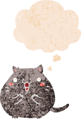 Mutlu çizgi film kedisi. Düşünce baloncuğu ve grunge dertli eski moda bir insan tarafından çizilmiş.