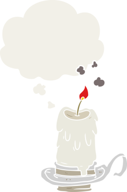 Düşünce baloncuğu olan, insan tarafından çizilmiş karikatür şeklinde ürkütücü bir mum.