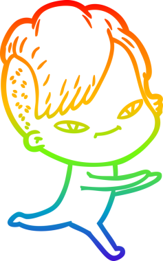 Gökkuşağı gradyan çizimi. Hipster saç kesimi bir insan tarafından çizilmiş şirin bir çizgi film kızı.