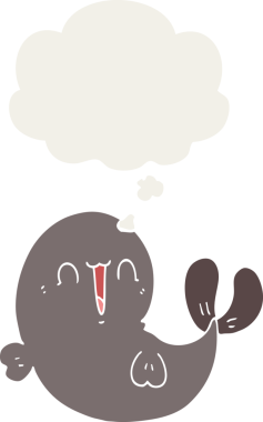 Düşünce baloncuğu olan sevimli bir balina insan tarafından çizilmiş.