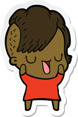 Hipster saç kesimi bir insan tarafından çizilmiş şirin bir çizgi film kızına ait etiket.