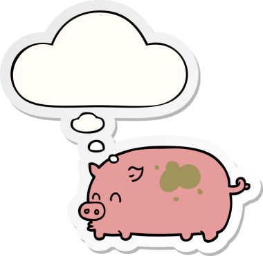 Bir insan tarafından çizilmiş bir çıkartma olarak düşünce baloncuğu olan şirin çizgi film domuzu.