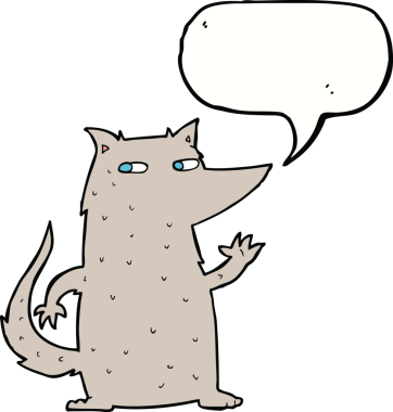 Bir insan tarafından çizilmiş konuşma baloncuğuyla el sallayan bir kurt.