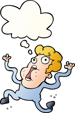 Düşünce baloncuğu olan, bir insan tarafından çizilmiş karikatür dehşete düşmüş bir adam.