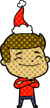 Mutlu el çizimi çizgi roman tarzı Noel Baba şapkası giyen bir adamın bir insan tarafından çizilmiş resmi.