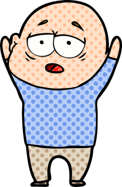 Bir insan tarafından çizilmiş yorgun, kel bir adam.