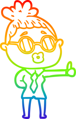 Bir insan tarafından çizilmiş gözlük takan bir karikatür kadının çizimi.