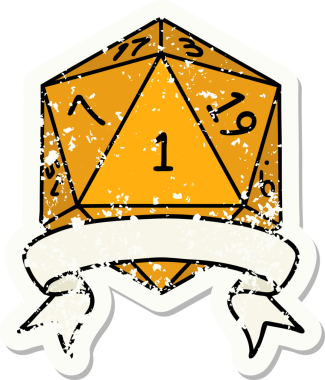 Bir insan tarafından çizilmiş doğal bir d20 zarının grunge çıkartması.