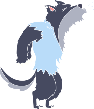 Bir insan tarafından çizilmiş düz renkli çizgi film uluyan kurt adam.