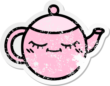 Bir insan tarafından çizilmiş şirin bir karikatür çaydanlığının sıkıntılı çıkartması.