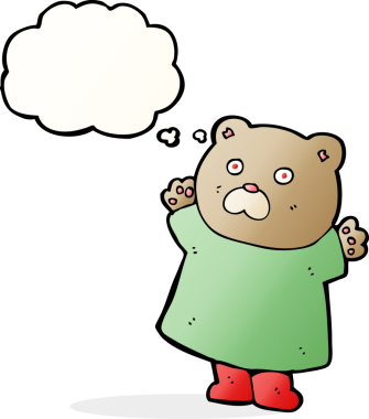 Bir insan tarafından çizilmiş düşünce baloncuklu komik çizgi film ayısı.