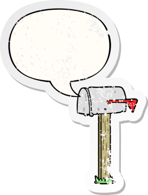 Konuşma baloncuğu olan çizgi film posta kutusu bir insan tarafından çizilmiş sıkıntılı eski bir çıkartma