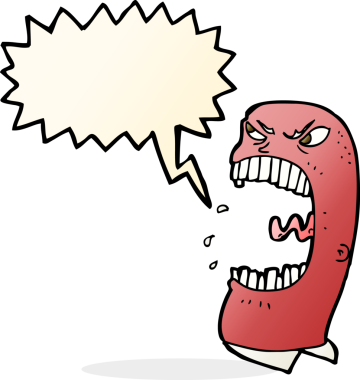 Bir insan tarafından çizilmiş konuşma balonuyla bağıran öfkeli bir karikatür.