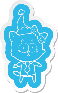 Bir insan tarafından çizilmiş Noel Baba şapkası takan bir kedinin garip karikatür çıkartması.