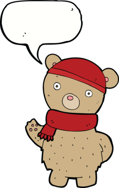 Bir insan tarafından çizilmiş konuşma baloncuğu eşarplı, kış şapkalı oyuncak ayı.