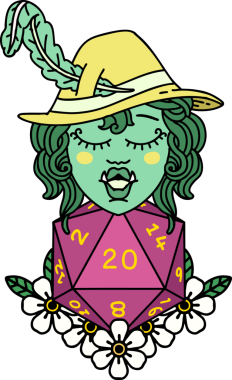 Retro Dövme Biçimi Yarı Ork Ozanı Bir insan tarafından çizilmiş 20 zar ile