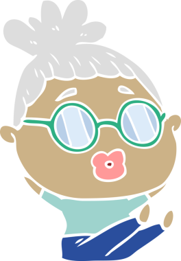 Bir insan tarafından çizilmiş gözlüklü düz renkli bir çizgi film karakteri.