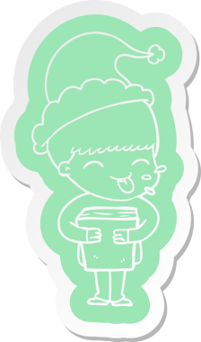 Bir insan tarafından çizilmiş Noel Baba şapkası takan bir çocuğun garip çizgi film çıkartması.