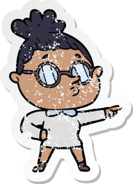 Bir insan tarafından çizilmiş gözlük takan karikatürlü bir kadının sıkıntılı çıkartması.