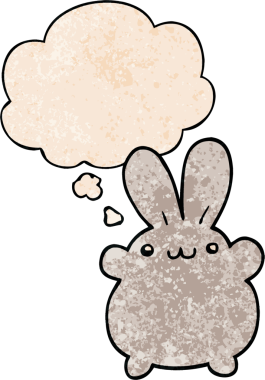 Bir insan tarafından çizilmiş grunge desenli düşünce baloncuklu çizgi film tavşanı.