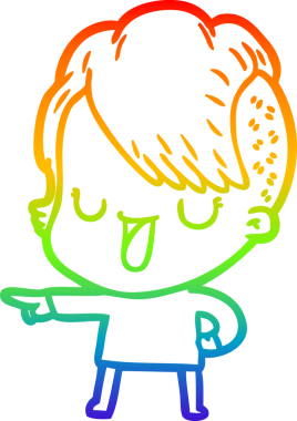 Gökkuşağı gradyan çizimi. Hipster saç kesimi bir insan tarafından çizilmiş şirin bir çizgi film kızı.