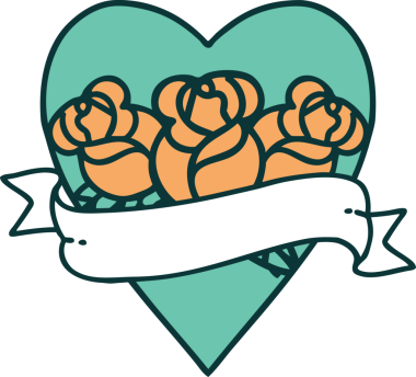 İkonik dövme stili bir kalp ve bir insan tarafından çizilmiş çiçekli pankart.