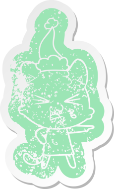 Bir insan tarafından çizilmiş Noel Baba şapkası takan bir kedinin garip bir karikatürü.